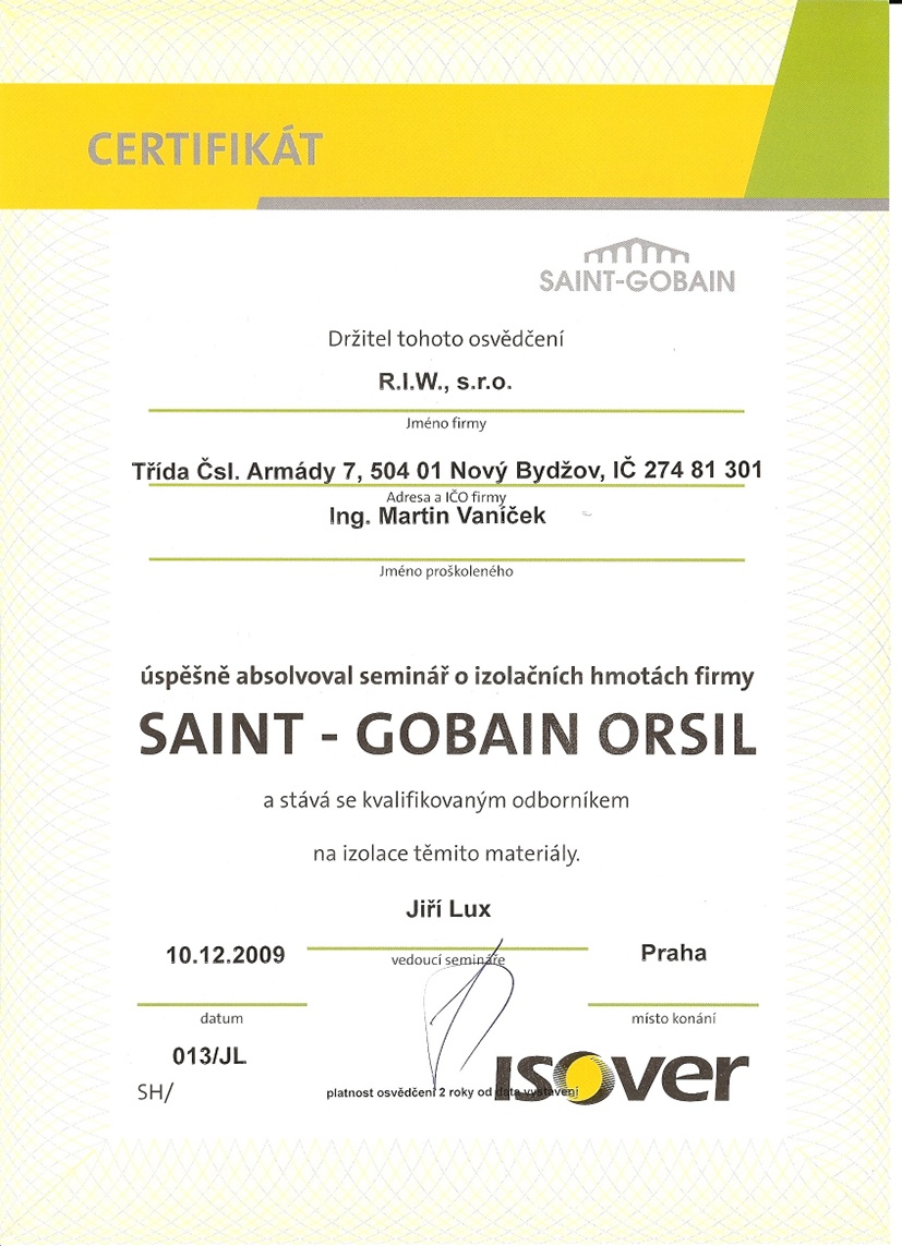 Certifikát SAINT - GOBAIN